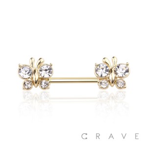 CLEAR CZ BUTTERFLY ENDS 316L SURGICAL STEEL BARBELL NIPPLE BAR